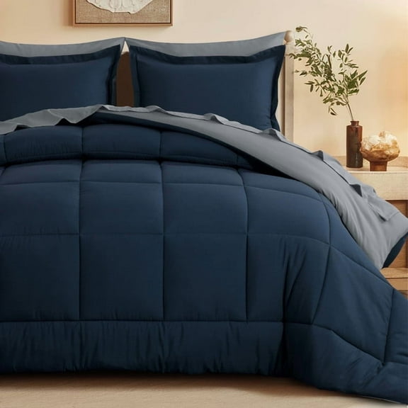 RUIKASI 7 Pieces Navy Blue/Grey Queen Bed Comforter Set with Sheets - Bed in a Bag with Comforter and All Season Sheets, Pillowcases