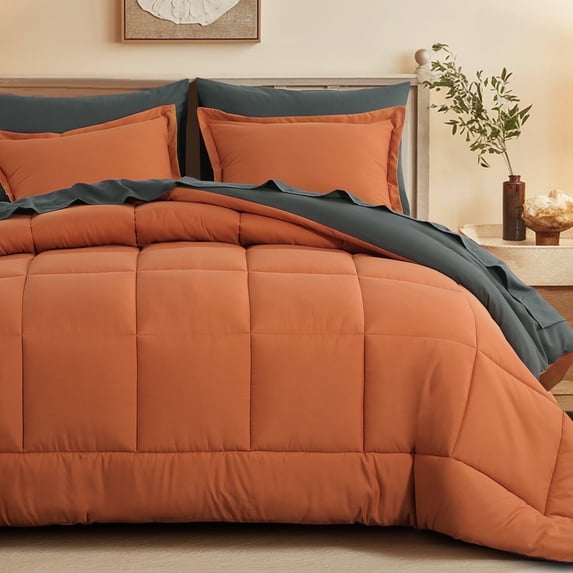 RUIKASI 7 Pieces Orange/Dark Grey Full Bed Comforter Set with Sheets - Bed in a Bag with Comforter and All Season Sheets, Pillowcases