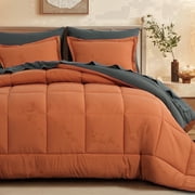 Aisbo 7 Piece Queen Comforter Set with Sheets, Reversible Orange/Grey Bed in a Bag Queen, Soft All Season Bedding, Pillowcases & Shams