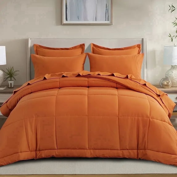 RUIKASI 7 Pieces Queen Comforter Set with Sheets, Orange Bed in a Bag Queen with Comforter and All Season Sheets, Pillowcases & Shams