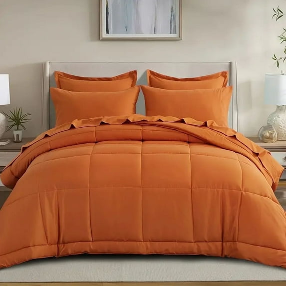 RUIKASI 7 Pieces Orange Queen Bed Comforter Set with Sheets - Bed in a Bag with Comforter and All Season Sheets, Pillowcases