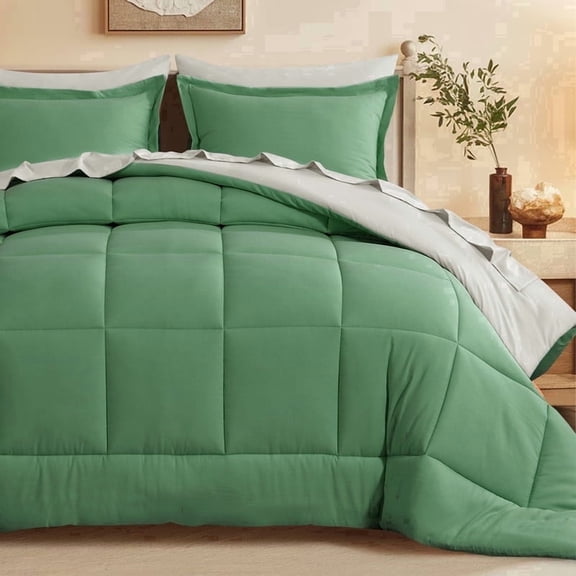 Aisbo 7 Piece Queen Comforter Set with Sheets, Reversible Sage Green/Linen Bed in a Bag Queen, Soft All Season Bedding, Pillowcases & Shams