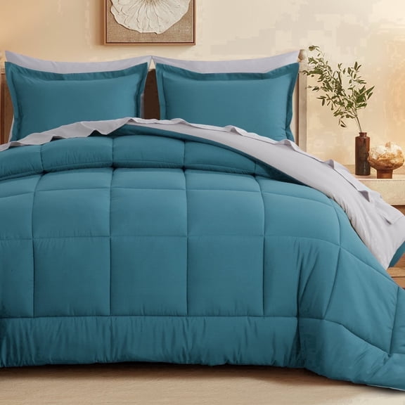 Aisbo 7 Piece Full Comforter Set with Sheets, Reversible Teal/grey Bed in a Bag Full, Soft All Season Bedding, Pillowcases & Shams