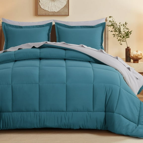 RUIKASI 7 Pieces Teal/Light gray King Bed Comforter Set with Sheets - Bed in a Bag with Comforter and All Season Sheets, Pillowcases