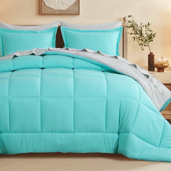 Aisbo 7 Pieces Turquoise/Light Grey King Bed Comforter Set with Sheets - Bed in a Bag with Comforter and All Season Sheets, Pillowcases