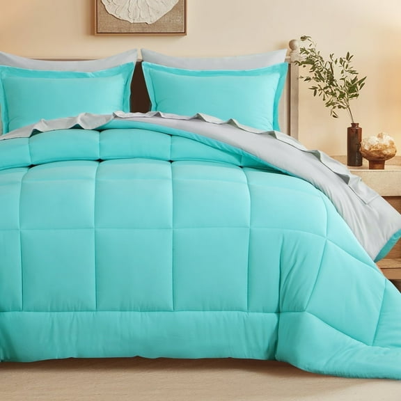 RUIKASI 7 Pieces Turquoise/Light Grey Queen Bed Comforter Set with Sheets - Bed in a Bag with Comforter and All Season Sheets, Pillowcases