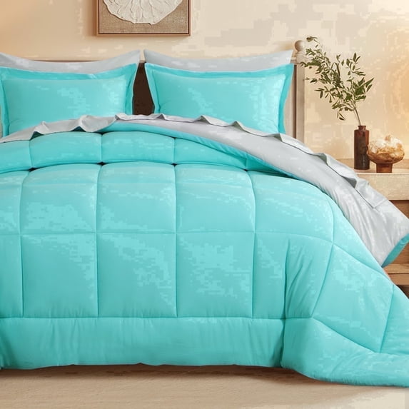 Aisbo 7 Piece Queen Comforter Set with Sheets, Reversible Turquoise/Grey Bed in a Bag Queen, Soft All Season Bedding, Pillowcases & Shams