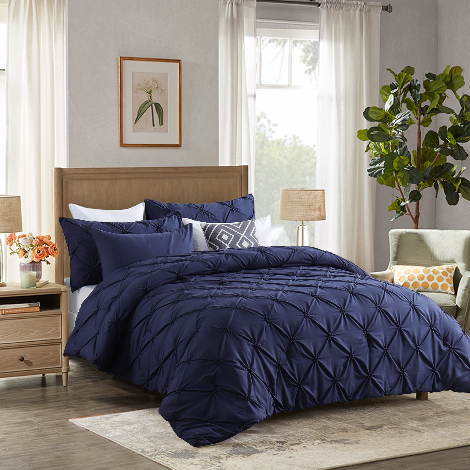 RUIKASI Blue King Comforter Set Soft and Fluffy Bedding 3 Pieces Set Pintuck Blue Bedding Sets King Size Bed Set with Comforter Pillowcases