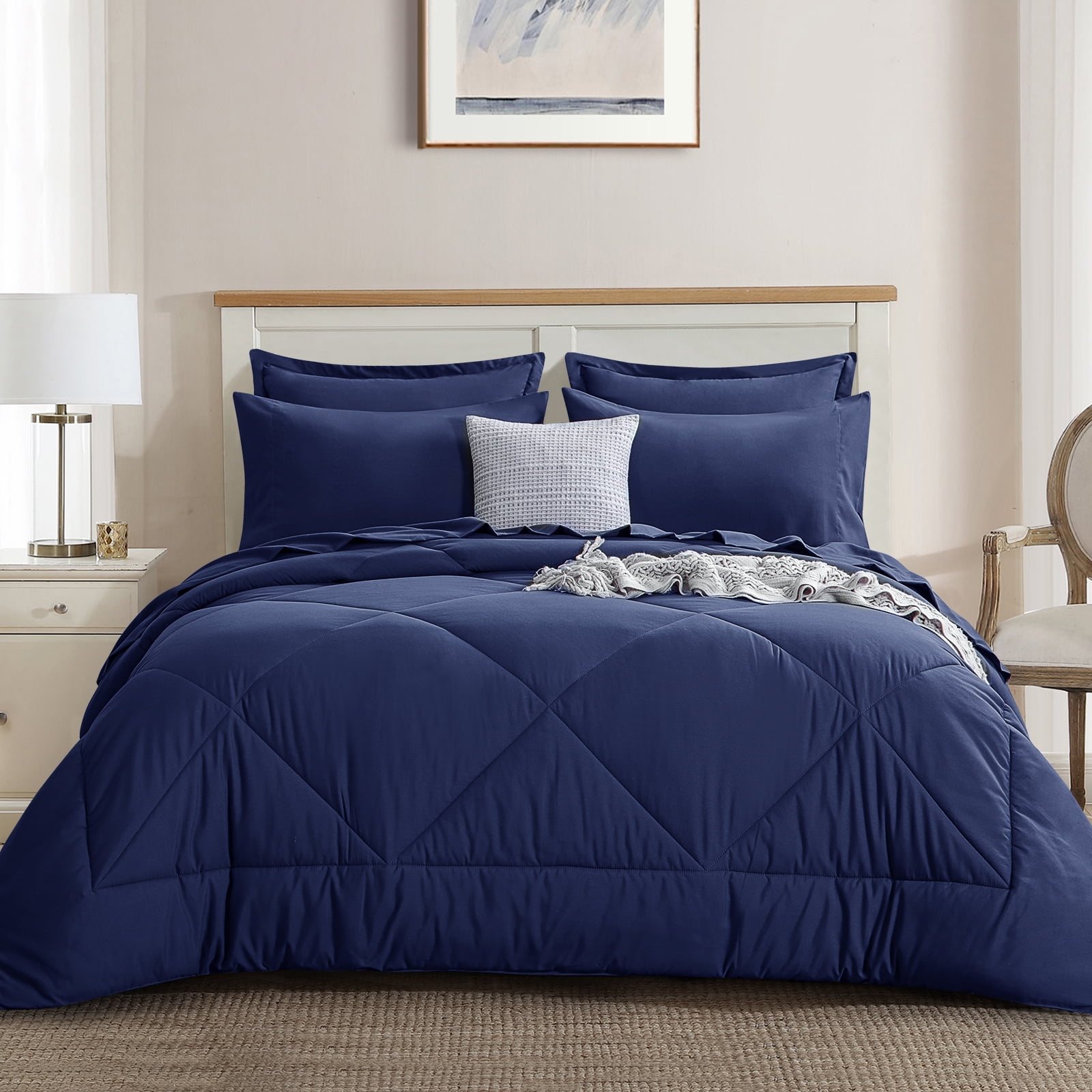 RUIKASI Blue Queen Comforter Set 7 Pieces Queen Bed in a Bag Comforter set with Fitted Sheet