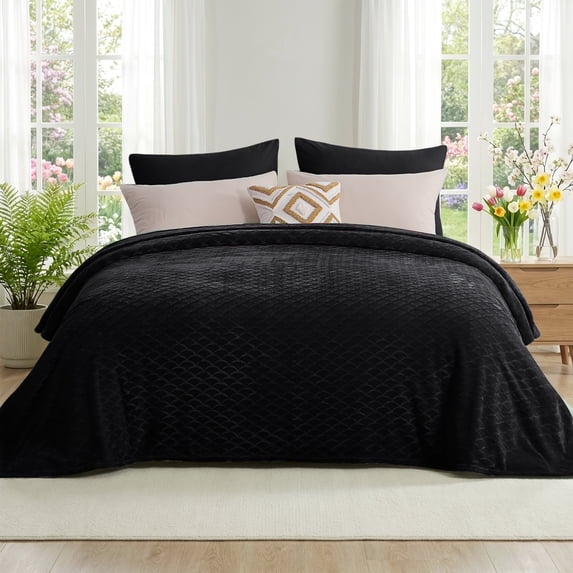 Aisbo Brushed Flannel Fleece Blankets King Size Black, Soft Warm Lightweight Throw for Couch Camping Travel, Anti-Static Cozy Bedding, 90x106 Inches