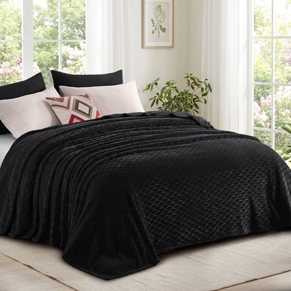 Aisbo Brushed Flannel Fleece Blanket Throw, Soft Warm Lightweight Bedding For Couch Camping Travel, Anti-Static Cozy, Black, 50x60 Inches