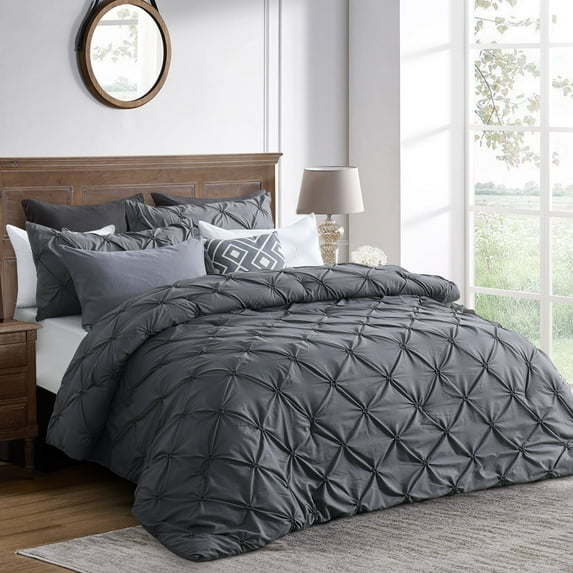 RUIKASI Dark Gray King Comforter Set - Soft and Fluffy Bedding 3 Pieces Set, Pintuck Dark Gray Bedding Sets King Size, Bed Set with Comforter, Pillowcases