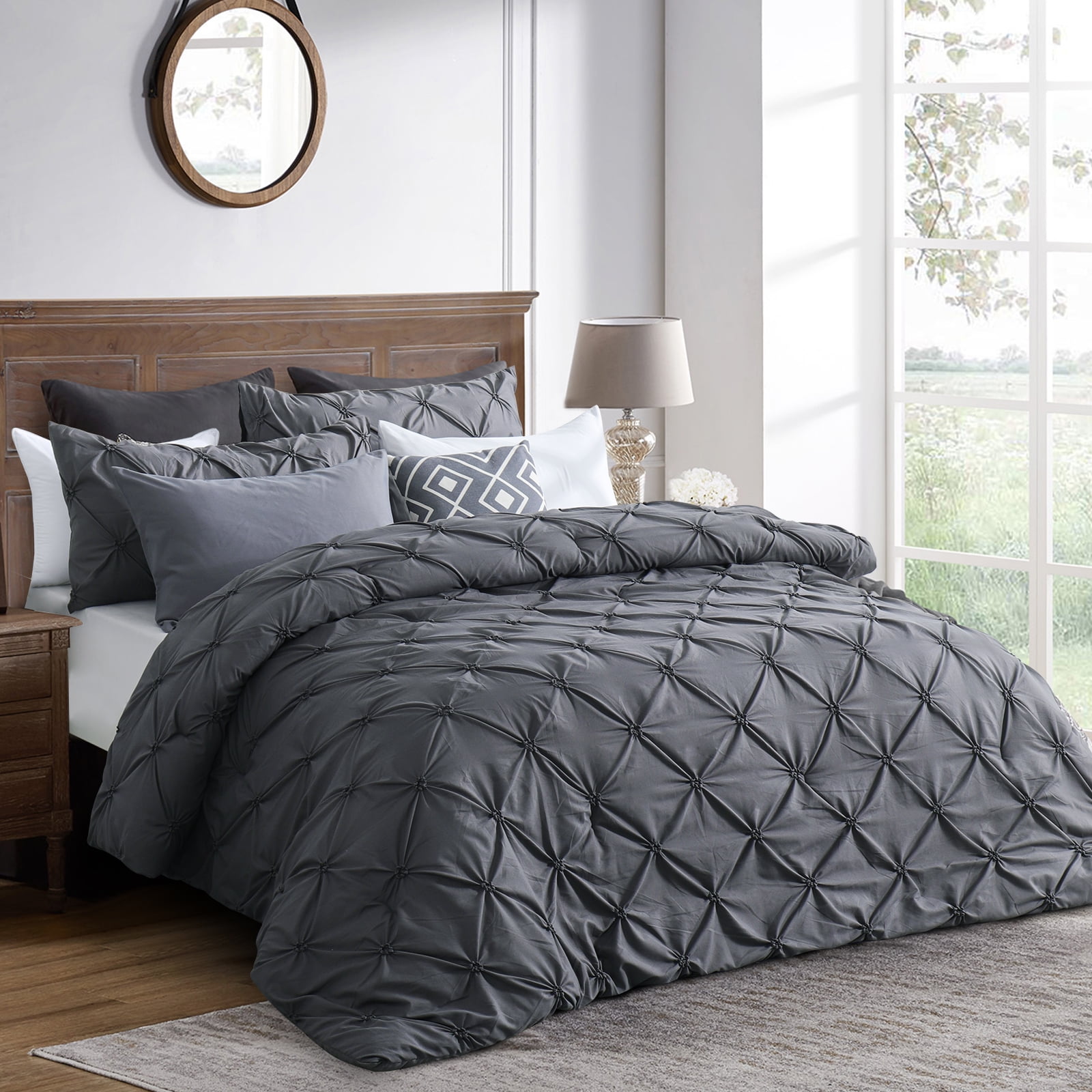 RUIKASI Dark Gray King Comforter Set - Soft and Fluffy Bedding 3 Pieces  Set, Pintuck Dark Gray Bedding Sets King Size, Bed Set with Comforter
