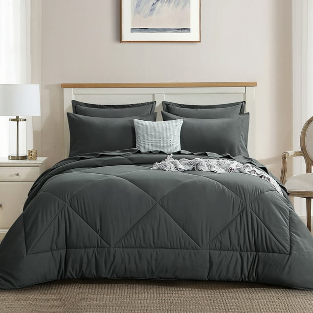 RUIKASI 7Piece Queen Comforter Set, Dark Gray Bed in Bag with Sheet