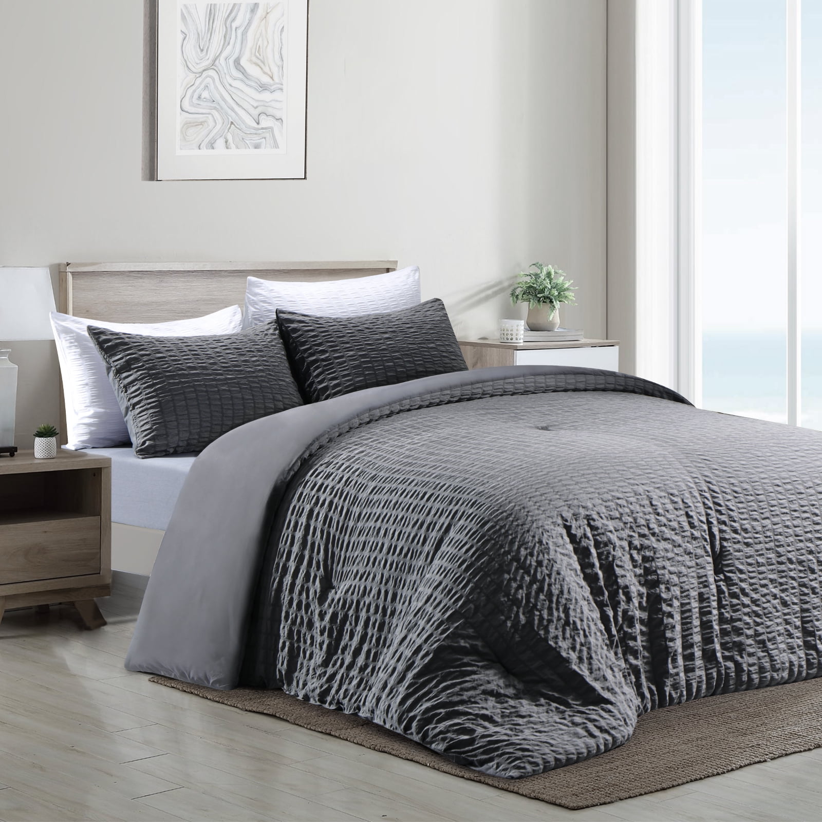 RUIKASI Seersucker Duvet Cover King Size Grey King Duvet Cover Set, 3