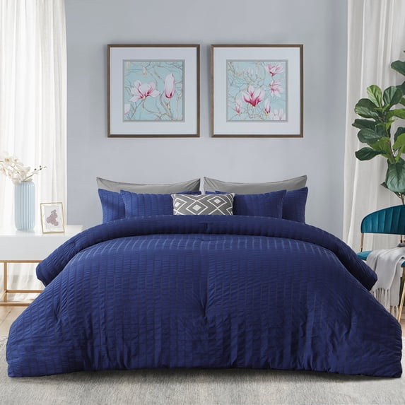 RUIKASI Seersucker Queen Comforter Set (90x90 inches), 3 Pieces- 100% Soft Washed Microfiber Lightweight Bedding with 2 Pillowcases, All Season Down Alternative,Blue