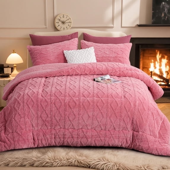 Aisbo Sherpa Winter Comforter, Reversible Flannel Blanket, 3D Jacquard Design, Warm & Cozy, Full Size