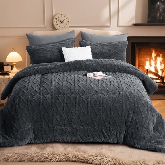 RUIKASI Sherpa Winter Comforter, Reversible Flannel Blanket, 3D Jacquard Design, Warm & Cozy, Full Size