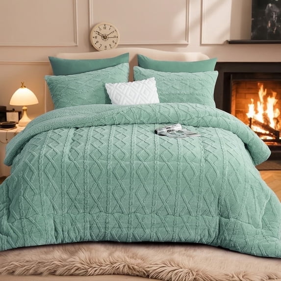 Aisbo Sherpa Winter Comforter, Reversible Flannel Blanket, 3D Jacquard Design, Warm & Cozy, Twin Size