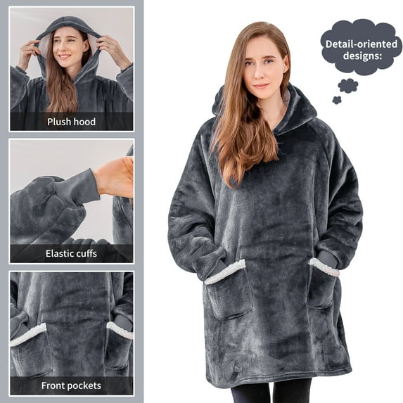 RUIKASI Wearable Blanket Hoodie Adult- Comfy Sherpa Blanket Hoodie Sweatshirt for Women Men, Hooded Blanket with Sleeves and Giant Pockets as Gifts for Adult, Gray, Standard
