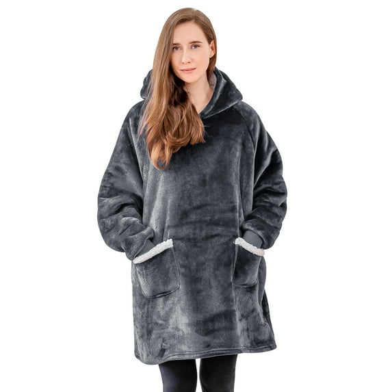 RUIKASI Wearable Blanket Hoodie Adult - Comfy Sherpa Blanket Hoodie Sweatshirt for Women Men, Hooded Blanket with Sleeves and Giant Pockets as Gifts for Adult, Gray, Small