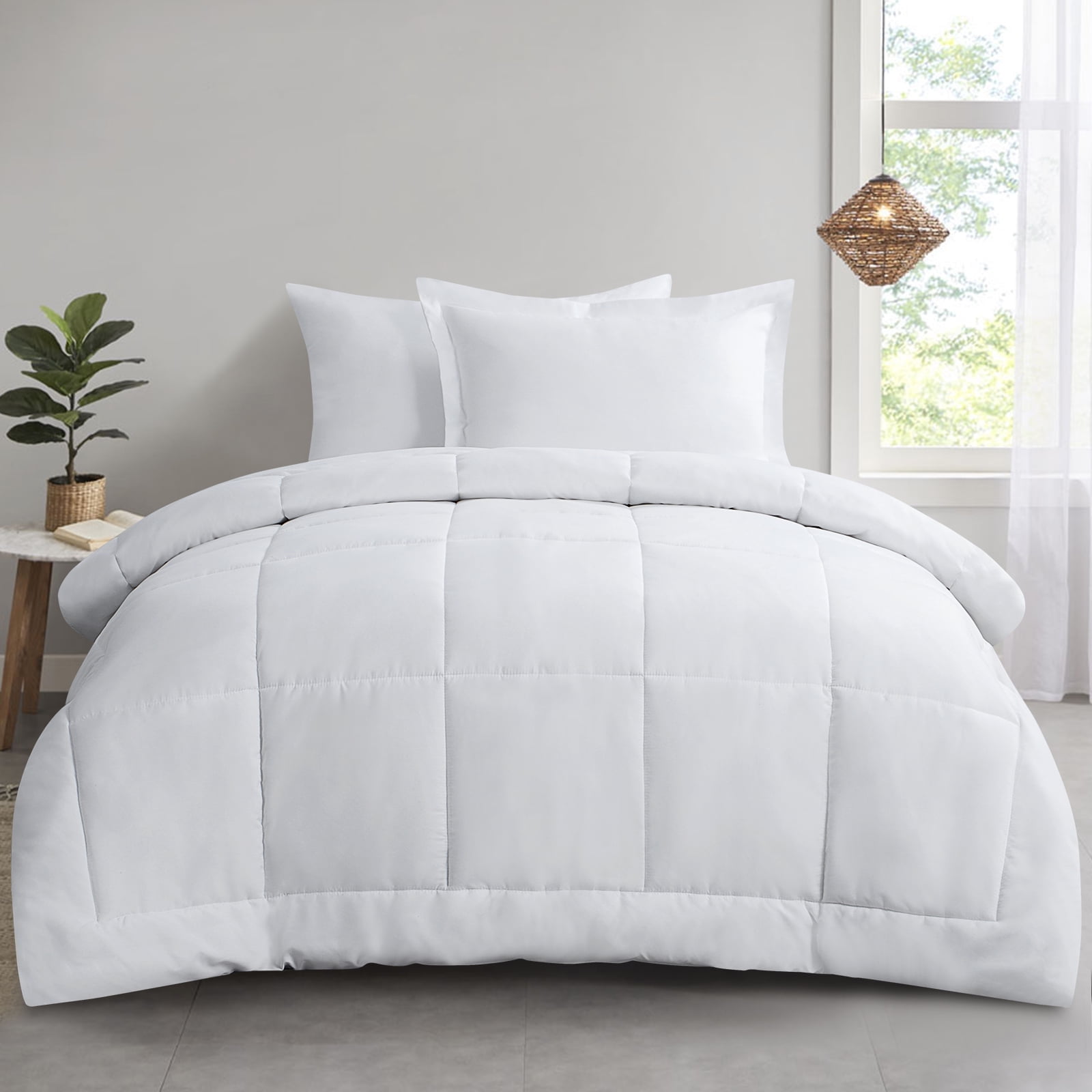 RUIKASI 3 Piece White Plain Queen Comforter Sets Fluffy Lightweight Comforter All Season Use
