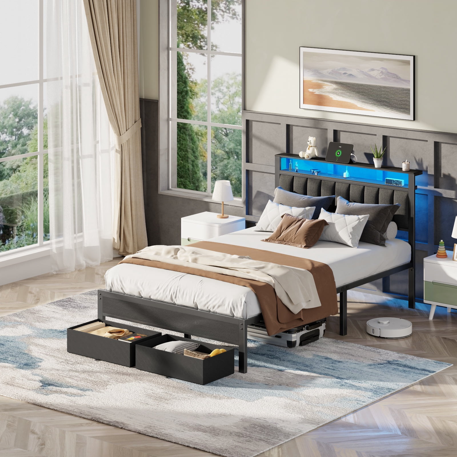 Dyzmo Full Bed Frame with 2 Drawers & Headboard, Platform Metal Bed ...