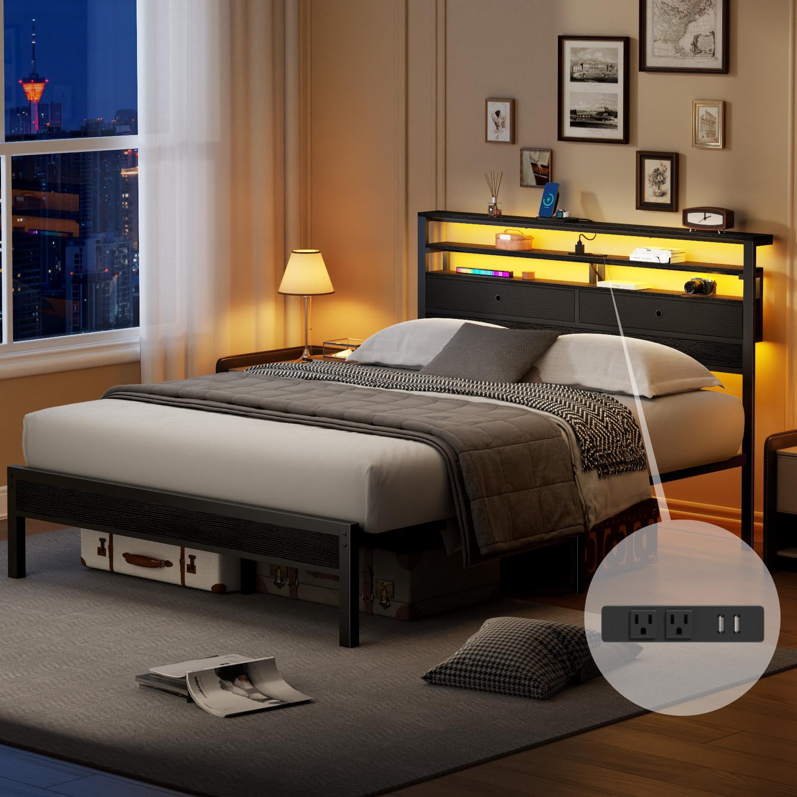 Dyzmo Queen Size Bed Frame with 2 Drawers Storage Headboard Shelf, LED ...