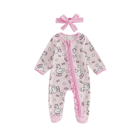 RUINIXCW 2 Pcs Infant Girl Outfit Long Sleeve Crew Neck Goose Floral Print Footed Romper and Headband Set