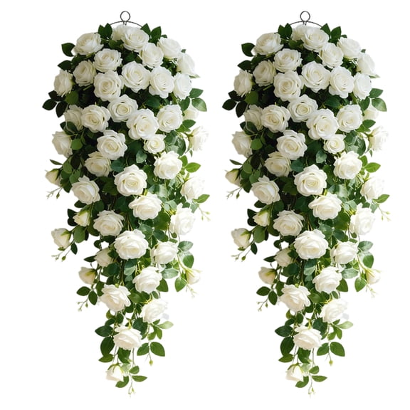 RUINIXCW 2Pcs Artificial Hanging Flowers for Outdoors Decoration Fake White Roses Garland UV Resistant Artificial Outdoor Plants Plastic Greenery Vines Ivy for Wedding Home Garden Party Decor 35.43''