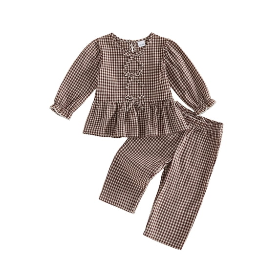 RUINIXCW 2Pcs Toddler Girl Fall Outfit Puff Long Sleeve Crew Neck Plaid Print Bow Decor Tops and Elastic Waist Pants Set