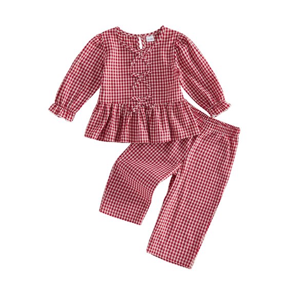 RUINIXCW 2Pcs Toddler Girl Fall Outfit Puff Long Sleeve Crew Neck Plaid Print Bow Decor Tops and Elastic Waist Pants Set