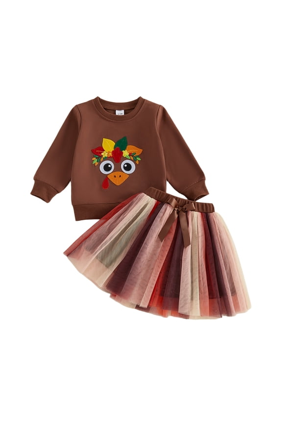 2Pcs Toddler Girl Thanksgiving Outfit Long Sleeve Crew Neck Turkey Applique Sweatshirt and Tulle Tutu Skirt Set