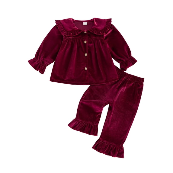 RUINIXCW 2Pcs Toddler Girl Velvet Outfit Puff Long Sleeve Doll Collar Solid Color Button Front Tops and Bell Bottom Pants Set