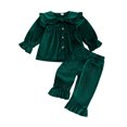 thumbnail image 1 of RUINIXCW 2Pcs Toddler Girl Velvet Outfit Puff Long Sleeve Doll Collar Solid Color Button Front Tops and Bell Bottom Pants Set, 1 of 9