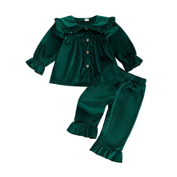 RUINIXCW 2Pcs Toddler Girl Velvet Outfit Puff Long Sleeve Doll Collar Solid Color Button Front Tops and Bell Bottom Pants Set