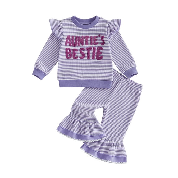 RUINIXCW Auntie's Bestie Toddler Baby Girl Spring Fall Winter Outfit Newborn Infant Girl Clothes Waffle Stripe Long Sleeve Sweatshirt Flare Pants Set