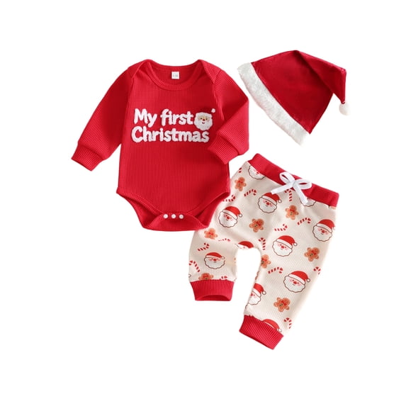RUINIXCW Baby Boy Christmas Outfit Long Sleeve Romper Pattern Pants Hat 3Pcs Set