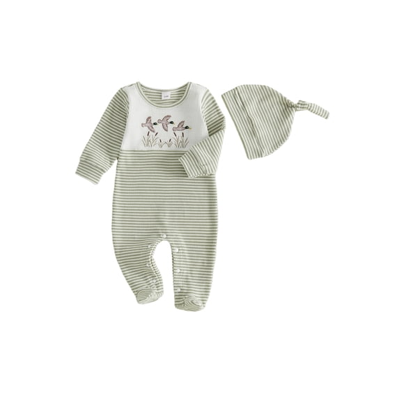 RUINIXCW Baby Boy Duck Outfit Newborn Baby Boys Hospital Going Home Outfit Spring Fall Winter Clothes Waffled Stripe Footed Romper Embroidery Long Sleeve Footie Jumpsuit Hat