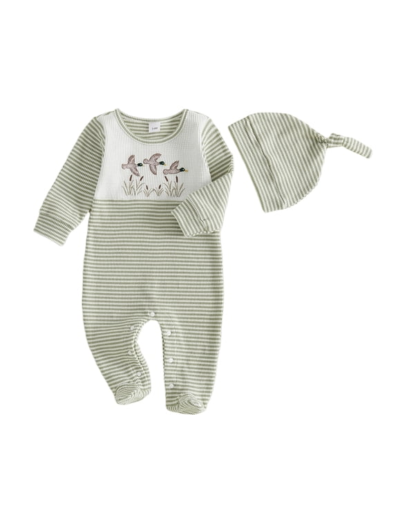 Baby Boy Duck Outfit Newborn Baby Boys Hospital Going Home Outfit Spring Fall Winter Clothes Waffled Stripe Footed Romper Embroidery Long Sleeve Footie Jumpsuit Hat