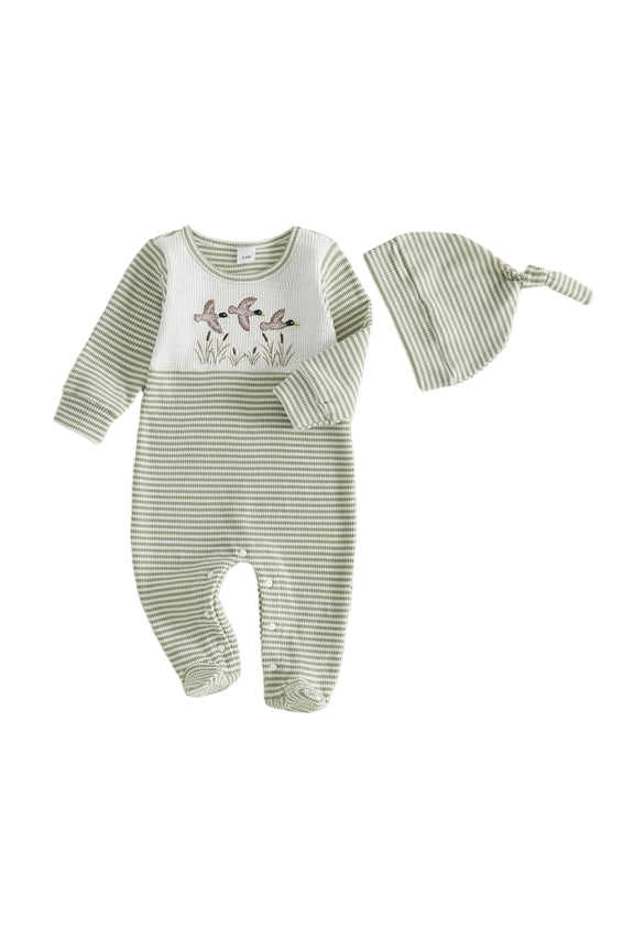 Baby Boy Duck Outfit Newborn Baby Boys Hospital Going Home Outfit Spring Fall Winter Clothes Waffled Stripe Footed Romper Embroidery Long Sleeve Footie Jumpsuit Hat
