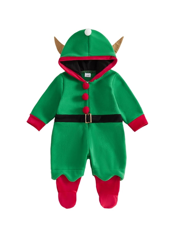 Baby Boy Elf Costume Romper Christmas Long Sleeve Fuzzy Hooded Jumpsuit