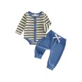 thumbnail image 1 of RUINIXCW Baby Boy Fall Outfit Striped Knit Long Sleeve Rompers  Elastic Pants Set, 1 of 8