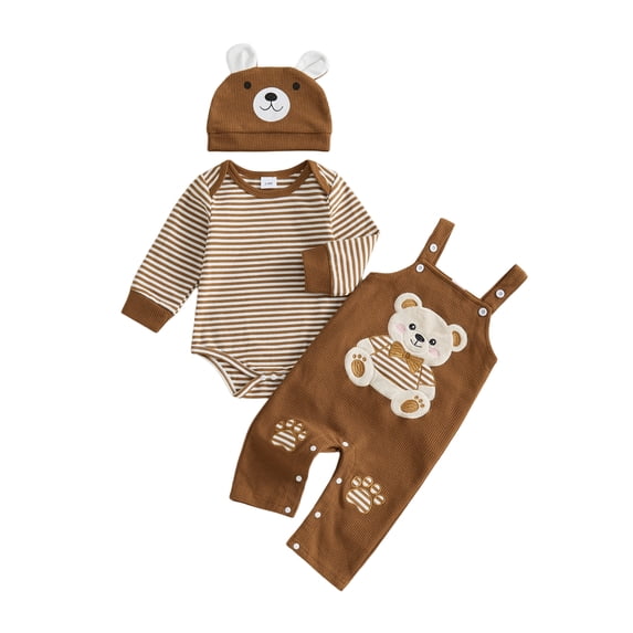 RUINIXCW Baby Boy Fall Outfit Striped Long Sleeve Romper Applique Overall Pants Hat
