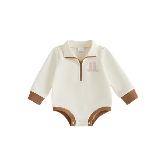 RUINIXCW Baby Boy Fall Romper Western Boots Embroidered Long Sleeve Half Zip-up Lapel Neck Bodysuit Cute Infant Clothes
