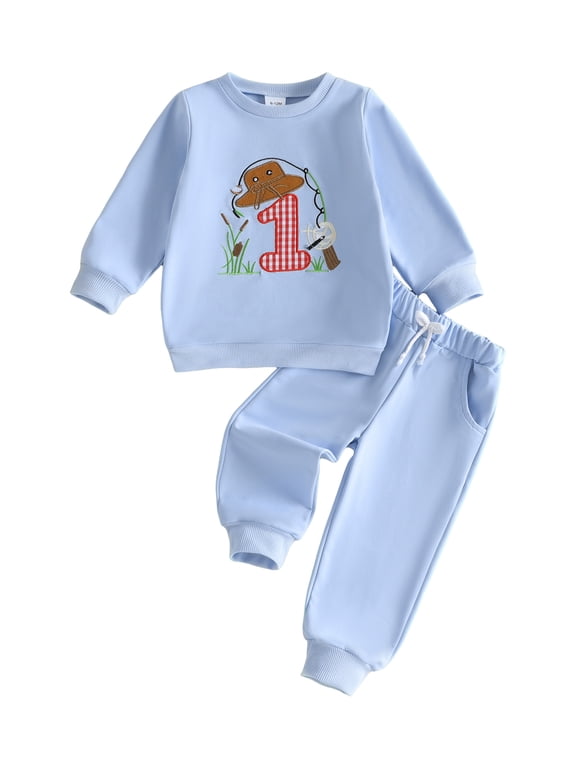 Baby Boy First Birthday Outfit 1st Birthday One Years Old Clothes Spring Fall Winter Fishing Embroidery Long Sleeve Sweatshirt and Pants Set