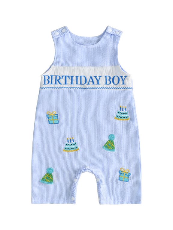 Baby Boy First Birthday Outfit 1st Birthday One Years Old Clothes Spring Summer Fall Romper Sleeveless Cake Embroidery Stripe Jumpsuit