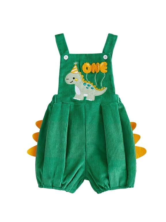 Baby Boy First Birthday Outfit Overalls Infant Boys 1st Birthday One Years Old Clothes Dinosaur Embroidery Sleeveless Bubble Romper Jumpsuit