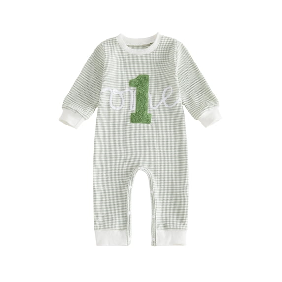 RUINIXCW Baby Boy First Birthday Outfit Romper Infant Boys 1st Birthday One Years Old Clothes Letter Embroidery Long Sleeve Waffled Striped Jumpsuit
