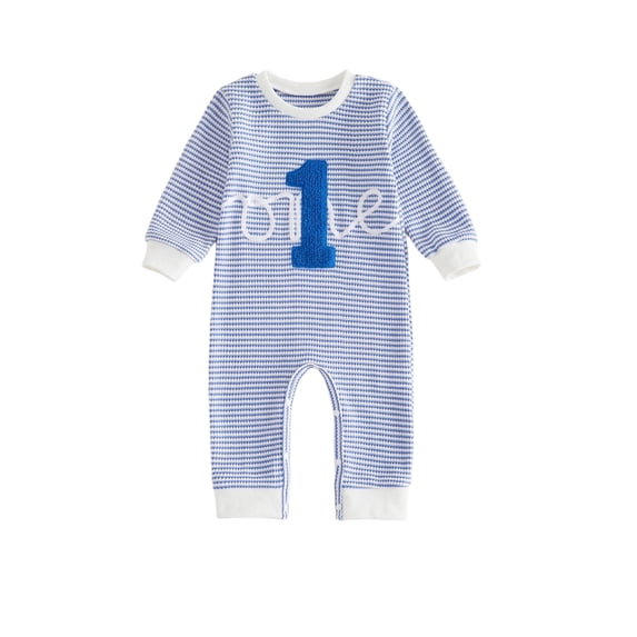 RUINIXCW Baby Boy First Birthday Outfit Romper Infant Boys 1st Birthday One Years Old Clothes Letter Embroidery Long Sleeve Waffled Striped Jumpsuit